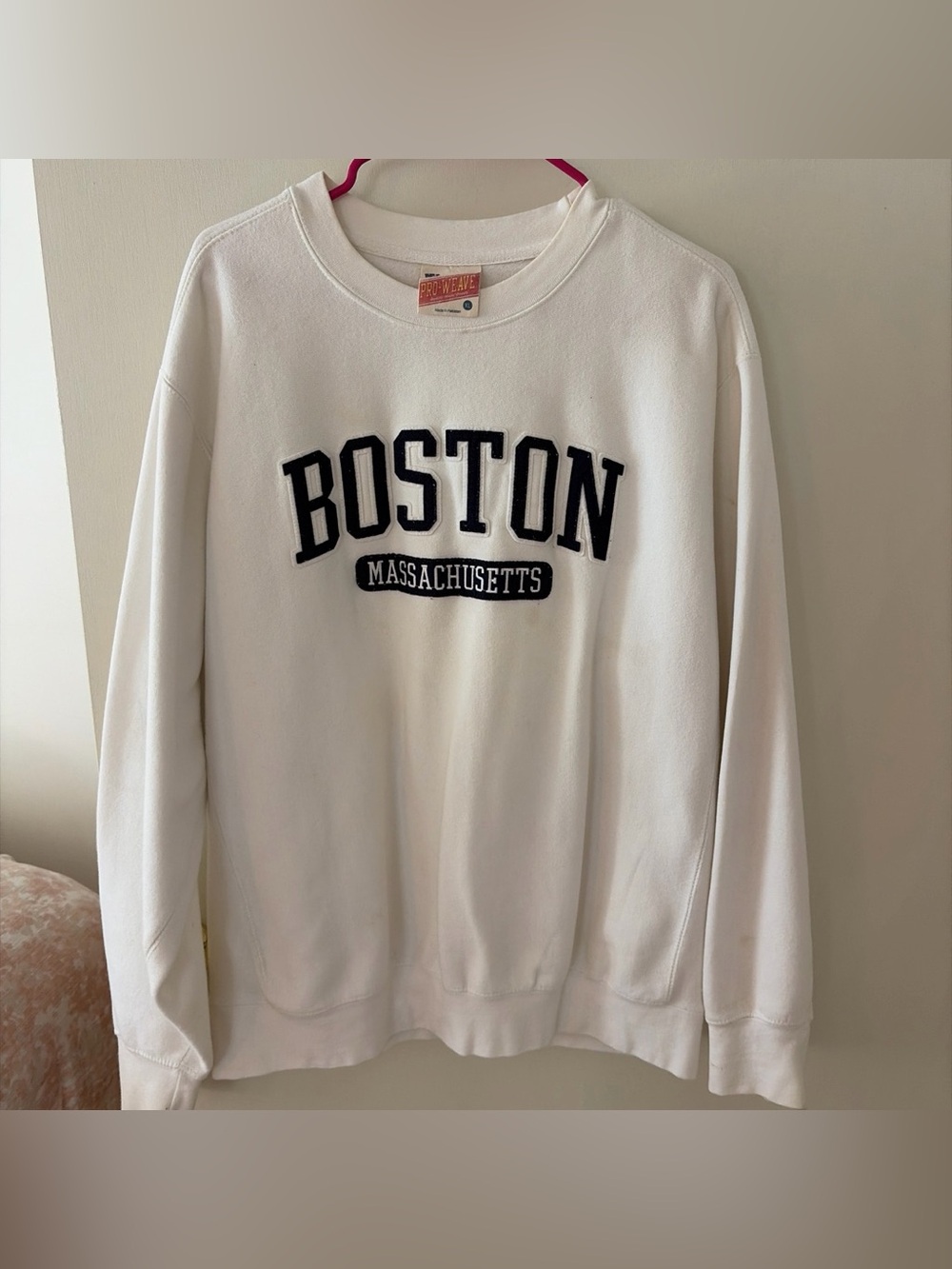 Pro-Weave White Crewneck Sweatshirt with Navy Boston Lettering